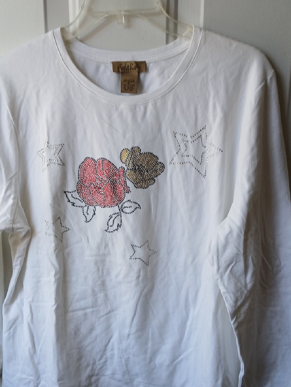 Peck & Peck White Long-Sleeve Tee with Rhinestone Floral Motif